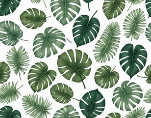 Tropical Monstera and Palm Leaves Seamless Pattern: Lush Green Foliage Illustration