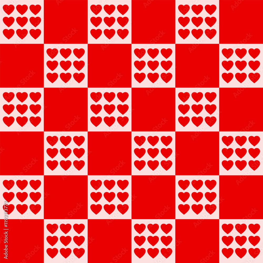 Poster monochrome seamless pattern with hearts on a checkered background. modern retro illustration for dec