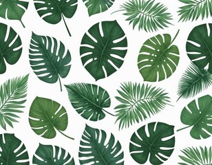 Vibrant Tropical Leaf Pattern: Lush Green Monstera and Palm Leaves on White Background