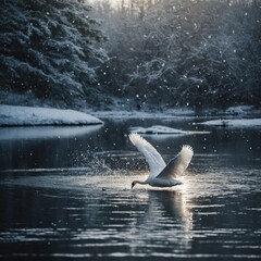 Fototapeta premium A swan taking flight over a serene lake, with snowflakes falling gently.