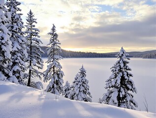 Winter Wonderland: Snow-Covered Pine Trees by Frozen Lake at Sunset