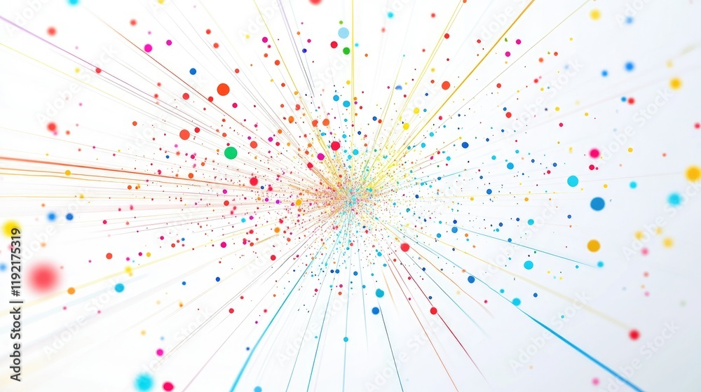 Poster colorful abstract particles exploding from the center of a white background creating a dynamic and e