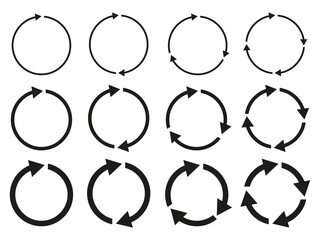 Arrow cycle set. Circular arrows vector. Loop rotation symbol. Black outline shapes.