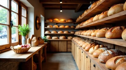 A rustic bakery interior showcasing freshly baked loaves of bread arranged on wooden shelves
