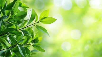 Lush green leaves, sunlight bokeh background. Nature spring freshness banner