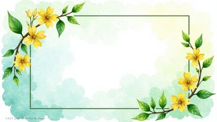 Obraz premium Elegant Watercolor Floral Frame with Yellow Blossoms and Green Foliage on a Soft Mint Background Ideal for Invitations, Announcements, or Greetings