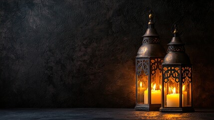 Fototapeta premium Illuminated lanterns on dark background, Ramadan celebration