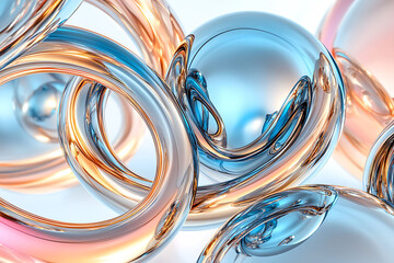 An intricate arrangement of glossy rings and spheres in metallic blue and copper tones creates a dynamic abstract design. The reflective surfaces and soft lighting enhance the futuristic, fluid bg