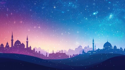 Night cityscape, starry sky, Middle Eastern architecture, peaceful scene, ideal for greeting cards
