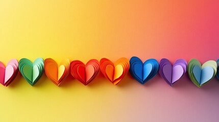 Colorful Paper Hearts in a Gradient Rainbow Display Creating a Warm and Inviting Atmosphere for Celebrations, Love, and Joyful Occasions