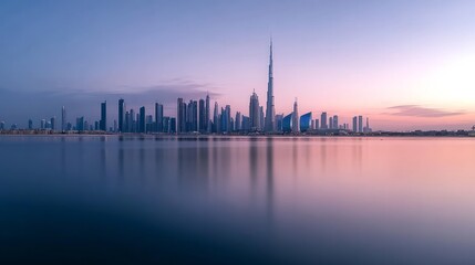 Naklejka premium Dubai skyscrapers glowing at sunrise in UAE