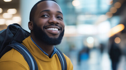 Fototapeta premium Cheerful African American student in yellow hoodie