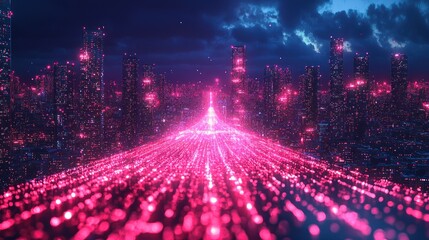 Obraz premium Futuristic cityscape with glowing data streams.