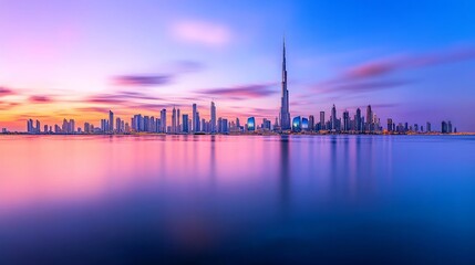 Fototapeta premium Jumeirah Beach and Dubai city center skyline at sunset A breathtaking UAE view