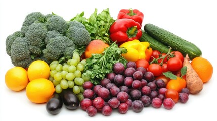 Fresh and Colorful Assortment of Vegetables and Fruits Displayed on a White Background for Healthy Lifestyle and Nutrition Concept