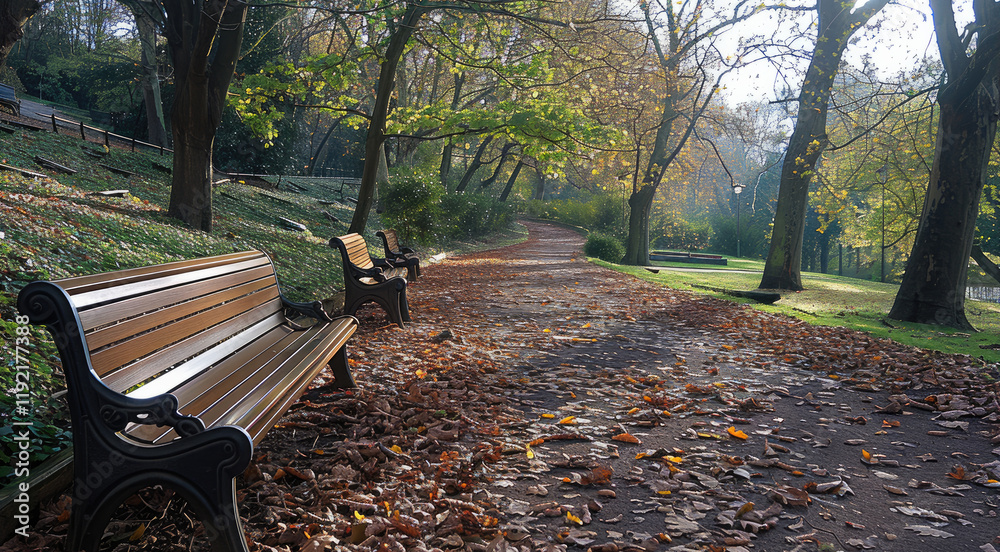 Poster side-angle view of a fallen leaves on a park pathway, with copy space. gentle afternoon sunlight. ba