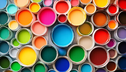 An overhead view of open paint cans filled with a variety of vibrant colors, including shades of blue, green, red, yellow, and pink. The rich, smooth texture of the paint. colorful arrangement.