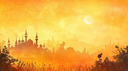 Sunset over fantasy city skyline