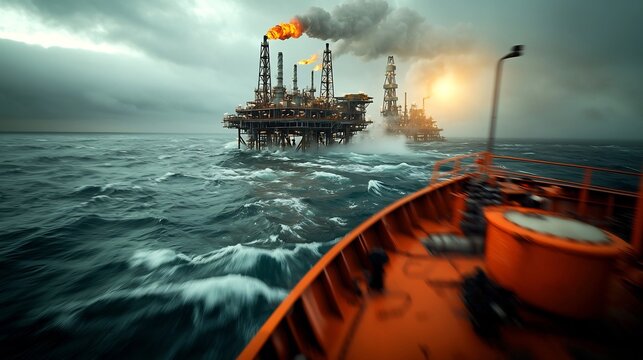Offshore Oil and Gas Production Facility Amid Stormy Seas and Cloudy Sky Viewed from Cargo Ship Bridge