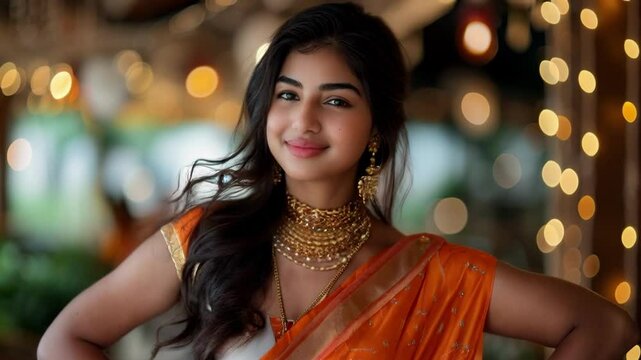 Beautiful Indian woman in an orange saree with gold jewelry