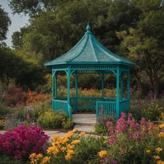 A teal gazebo surrounded by vibrant garden blooms.