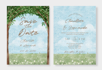 Set of Wedding Invitation with Watercolor Sky and Floral Field Nature Landscape