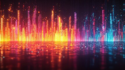 Vibrant digital landscape with colorful light bars.