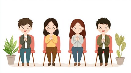 Cartoon characters sitting in chairs with hands joined in gratitude and smiles against a white background