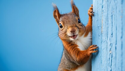 an adorable squirrel curiously peeking around a tree trunk in a natural forest environment