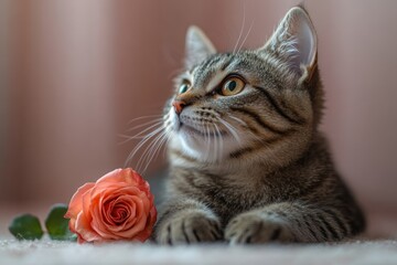 Adorable Tabby Cat with Romantic Pink Rose on Soft Background