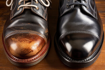 A pair of shoes before and after polishing or cleaning