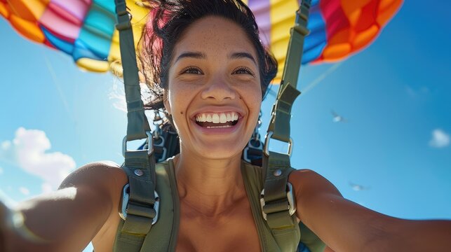 An attractive woman with black hair and tan skin smiling while skydiving in the air, wearing an green vest top and backpacks attached to her chest, with a colorful parachute behind her.