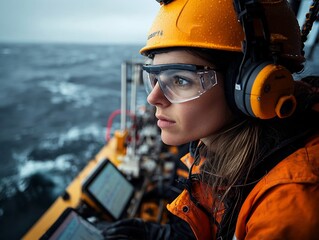 Offshore Scientific Discovery Researchers Collaborating on Maritime Research Platform Analyzing Ocean Data