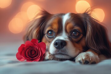 Adorable Dog with Rose on Soft Surface Surrounded by Bokeh Lights