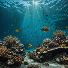 Naklejka premium A teal underwater scene with coral and tropical fish.