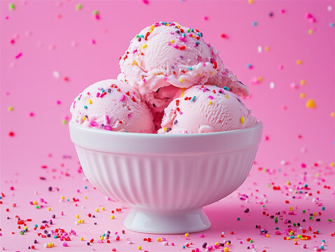 FFood photo: berry colored ice cream in a bowl on a pink background.