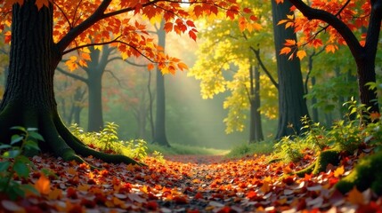 Autumnal Pathway Through a Sun-Dappled Forest with Vibrant Red and Gold Foliage