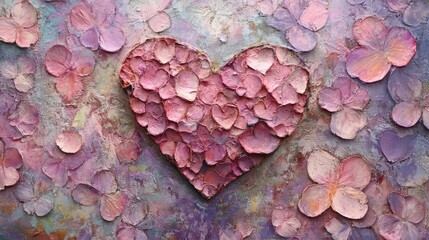 Beautiful Heart Shaped Design Made of Delicate Pink Petals on a Colorful Textured Background, Representing Love, Nature and Tenderness in Artful Composition