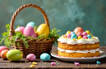Naklejka premium Easter greeting card with colorful eggs in a basket and a cake on the table, Easter concept, Easter mood, colorful, photorealistic, high resolution, high detail, high quality, high sharpness