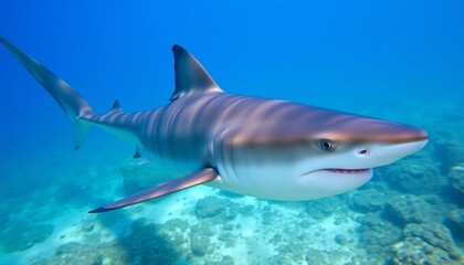 Fototapeta premium a great white shark swimming gracefully in the clear blue depths of the ocean