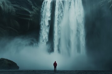 Obraz premium Majestic view of a massive waterfall with cascading streams of water, a lone figure standing in awe at the base amidst the mist