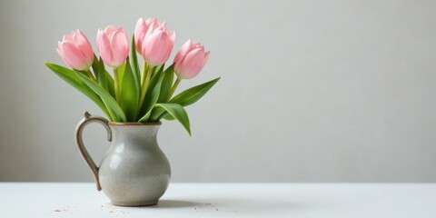 Obraz premium A simple bouquet of delicate pink tulips arranged in a rustic grey ceramic pitcher sits on a pristine white surface against a muted grey backdrop, creating a serene and minimalist floral display.