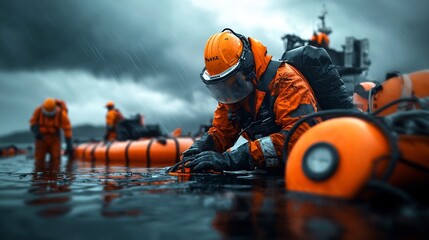 Offshore Oil Spill Cleanup Crew Deploying Booms and Skimmers to Contain Environmental Disaster