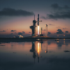 Serene Dusk Launchpad: Rocket Poised for Liftoff Amidst the Calm of an Empty Landscape.