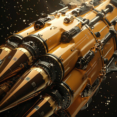 Rocket Payload Fairing Up Close: High-Tech Textures and Metallic Gleam Amidst the Starry Void.