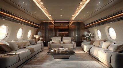 Luxurious interior of a private jet lounge.