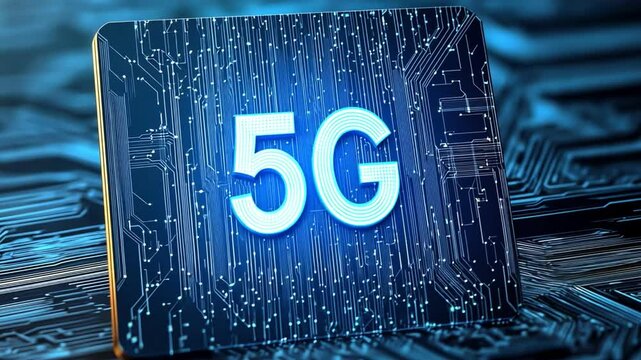 Vibrant 5G technology concept with a futuristic circuit board background.