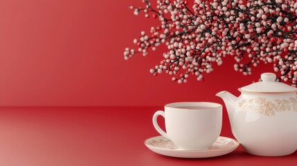 Fototapeta premium Elegant tea ceremony setup with white teapot and cup on red background still life cozy atmosphere minimalist design