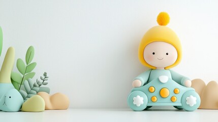 Obraz premium Cute Colorful Toy Character with Yellow Hat Sitting on a Light Background Surrounded by Decorative Elements