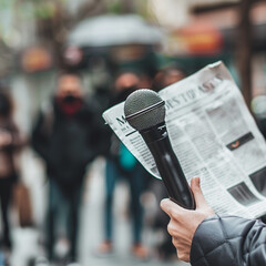Symbol of Press Freedom: Journalist with Microphone Stands Before Blank Newspaper Page